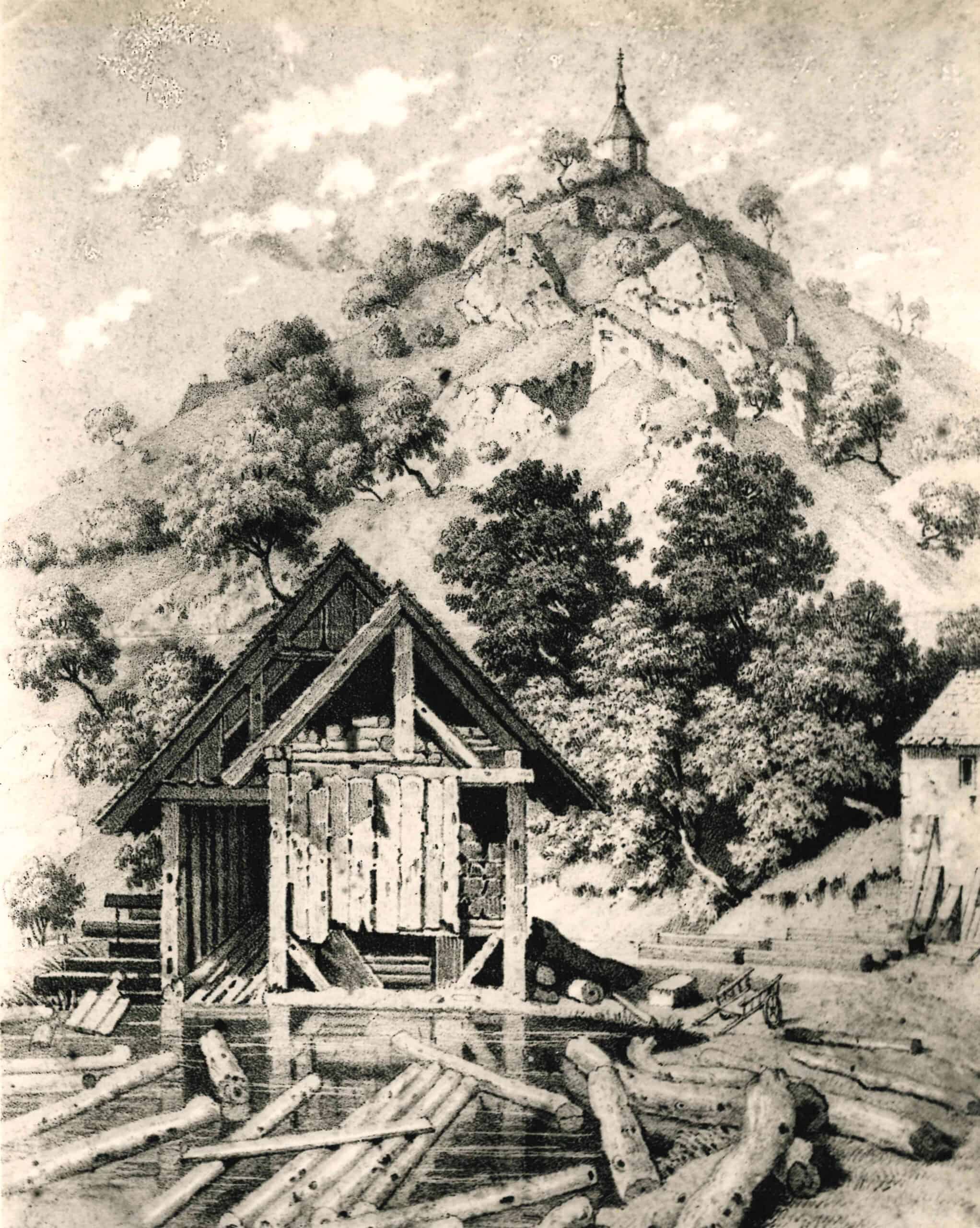 Historische Darstellung der Steinbissäge am Wasser mit Kapelle auf dem Felsen